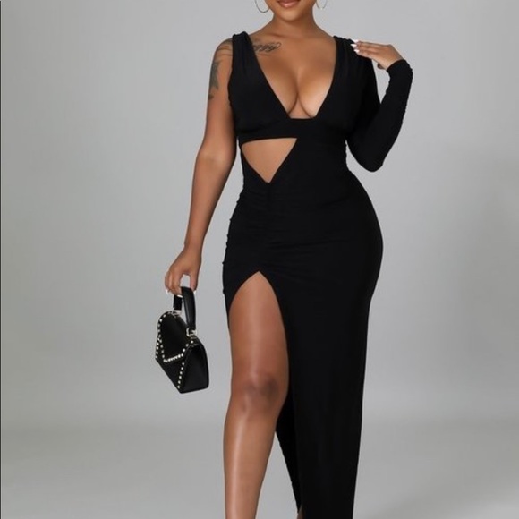 NEW TRENDY BLACK ONE SHOULDER FITTED MAXI DRESS - Picture 2 of 9